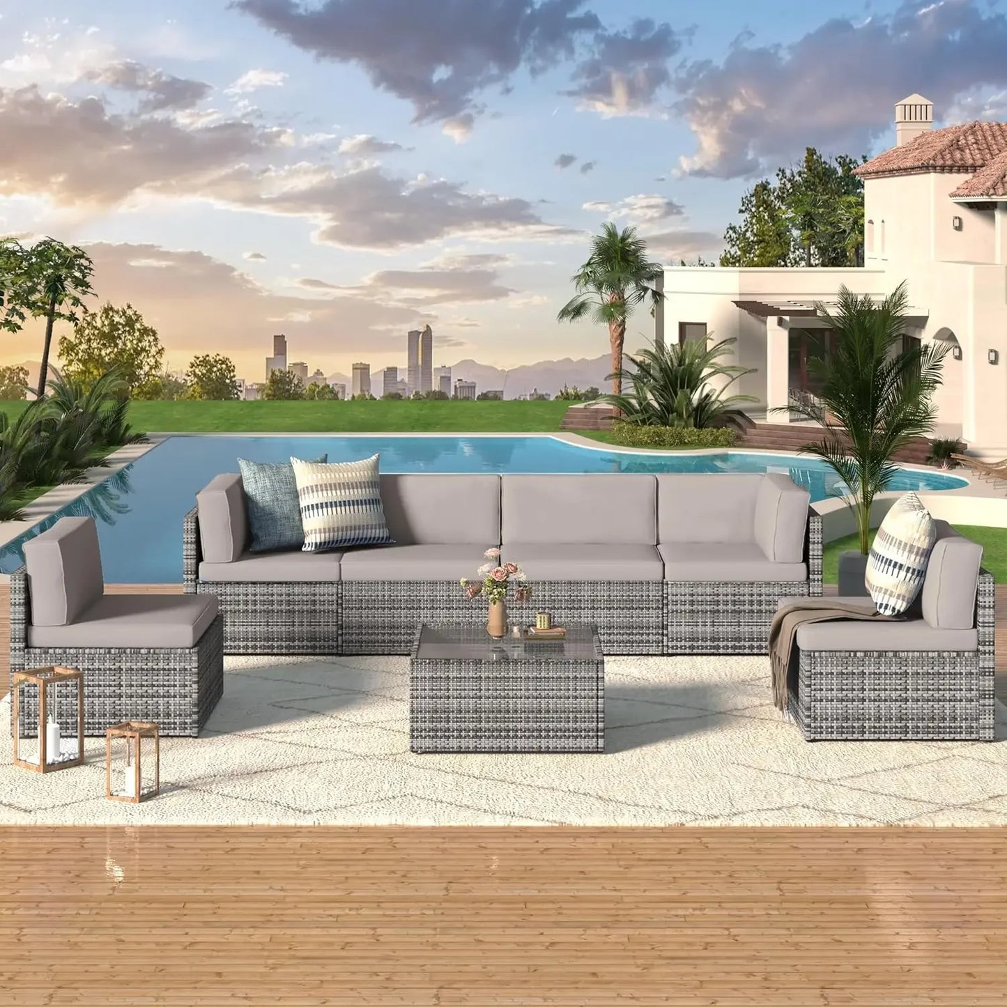 7 Piece Outdoor Patio Furniture Set with Grey Wicker Chair