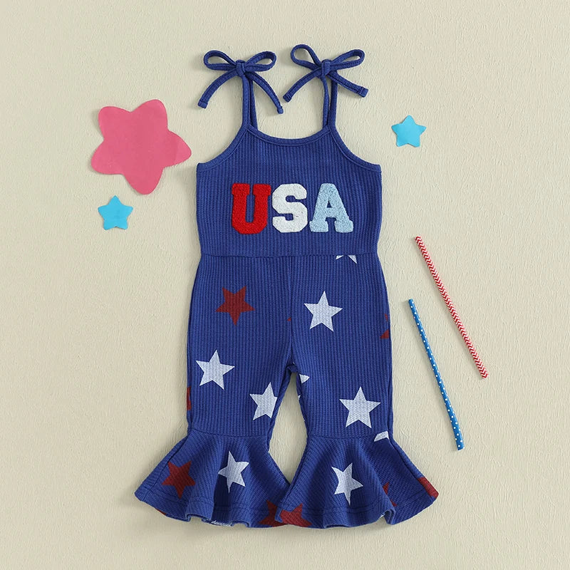 4th July Toddler Girl Outfit USA Romper Spaghetti Strap Bell Bottoms Jumpsuit