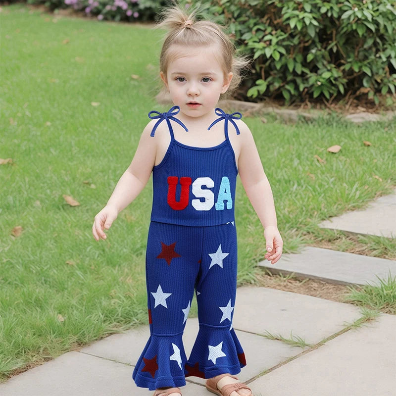 4th July Toddler Girl Outfit USA Romper Spaghetti Strap Bell Bottoms Jumpsuit