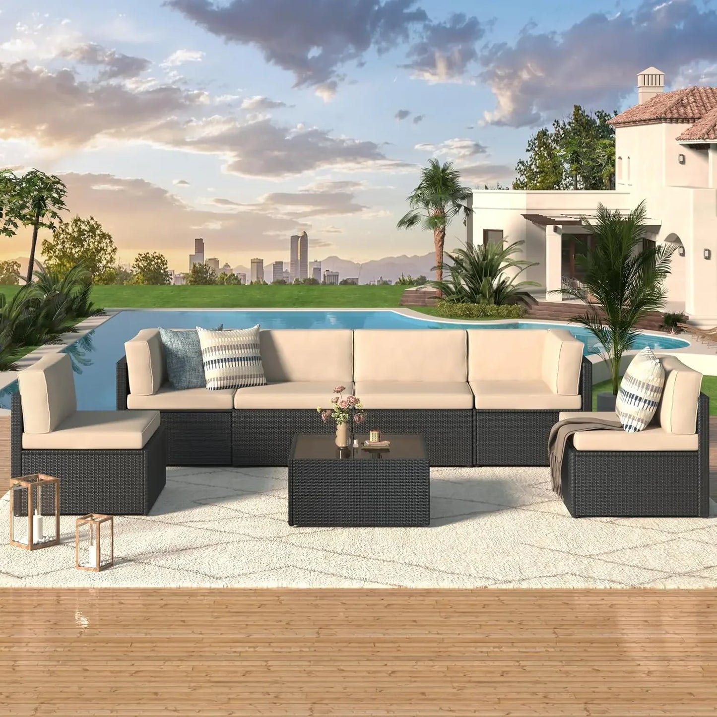 7 Piece Outdoor Patio Furniture Set with Grey Wicker Chair