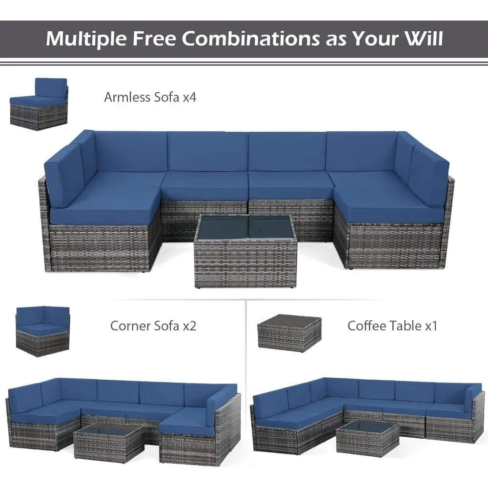 7 Piece Outdoor Patio Furniture Set with Grey Wicker Chair