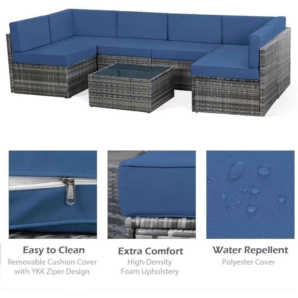 7 Piece Outdoor Patio Furniture Set with Grey Wicker Chair