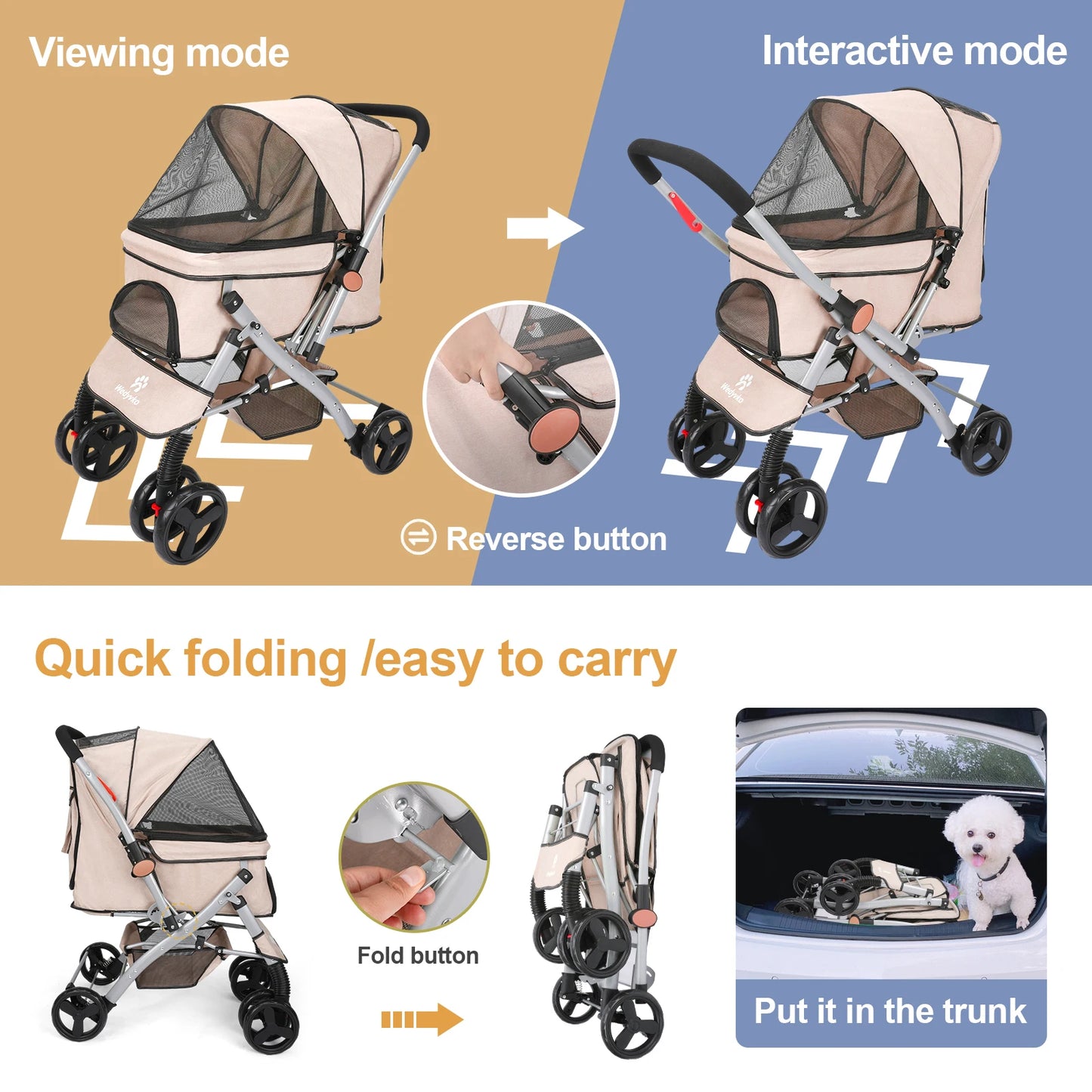 Foldable Cat Dog Stroller Detachable Easy Assembly Pet Travel Carrier With Shock Absorption Folding Resistant To Dirt