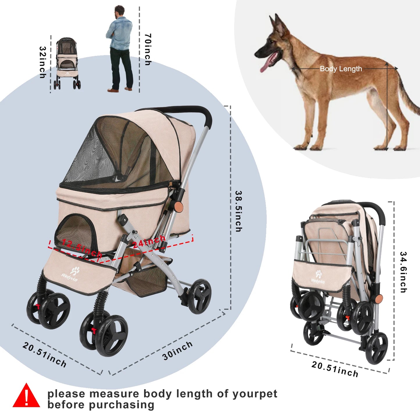 Foldable Cat Dog Stroller Detachable Easy Assembly Pet Travel Carrier With Shock Absorption Folding Resistant To Dirt