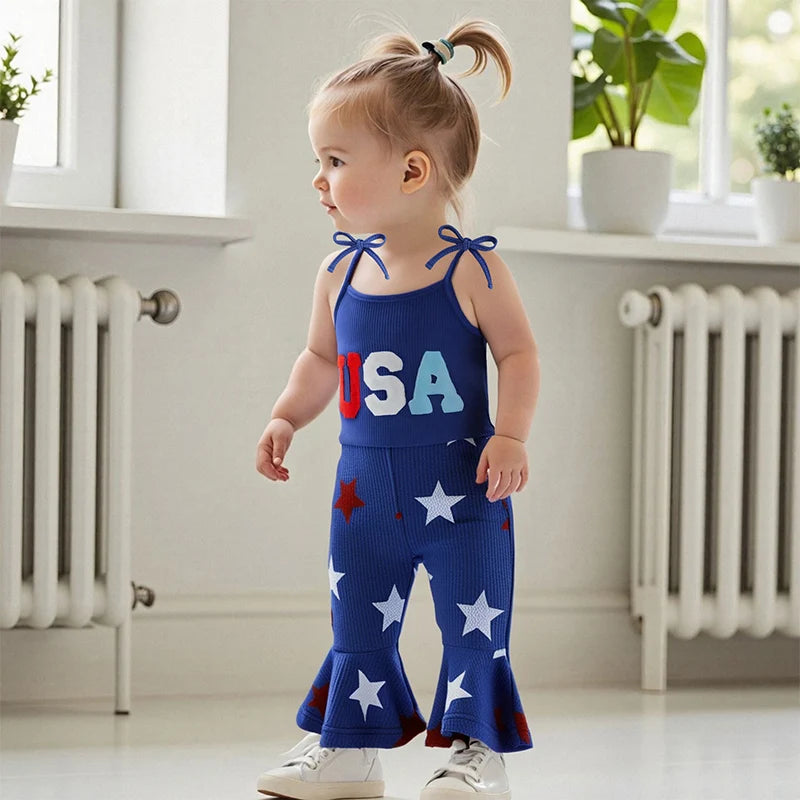4th July Toddler Girl Outfit USA Romper Spaghetti Strap Bell Bottoms Jumpsuit
