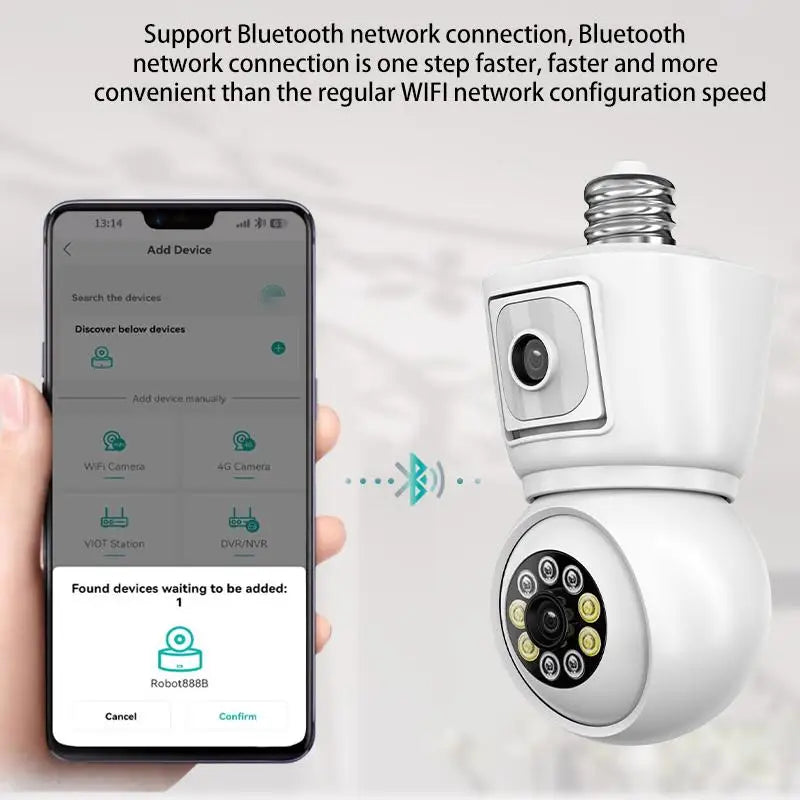 8MP E27 Bulb WiFi Camera 4K Dual Lens Dual Screen Auto Tracking Night Vision Two Way Audio CCTV Security ICSEE