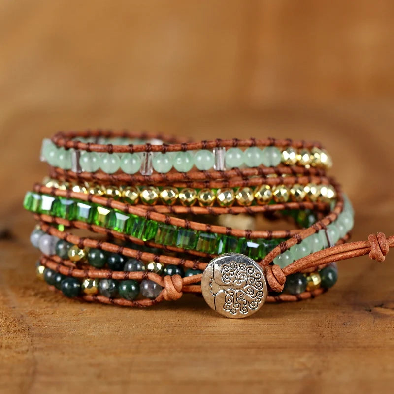 Natural Green Crystal Quartz Boho Wrap Bracelet for Women