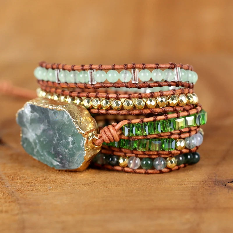 Natural Green Crystal Quartz Boho Wrap Bracelet for Women