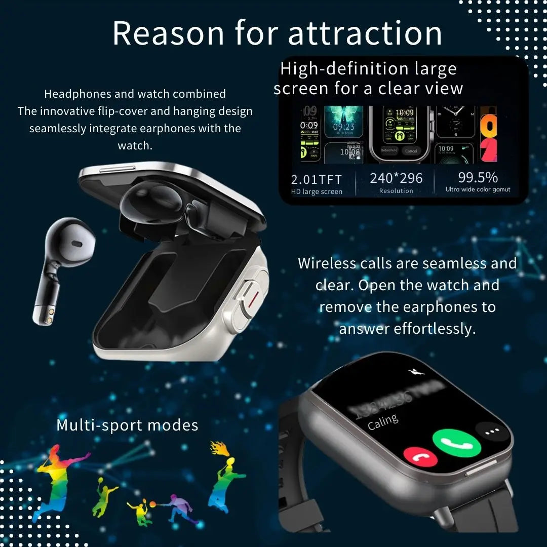 2 in 1 Smartwatch with Earbuds for Sports and Calls