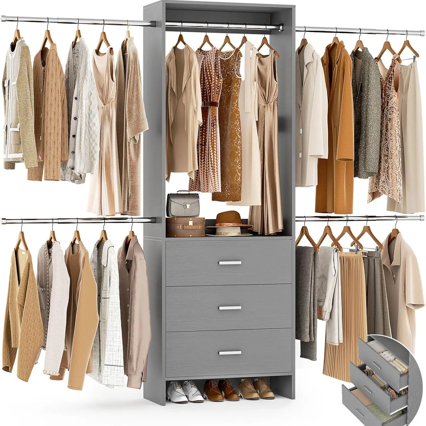 Stylish Wall Mounted Closets System with 3 Wooden Drawers and Adjustable Hanging Rods for Walk-In Wardrobes