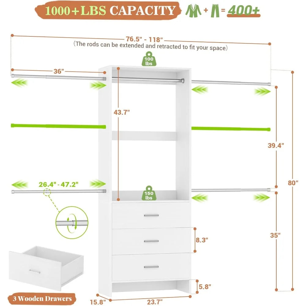 Stylish Wall Mounted Closets System with 3 Wooden Drawers and Adjustable Hanging Rods for Walk-In Wardrobes