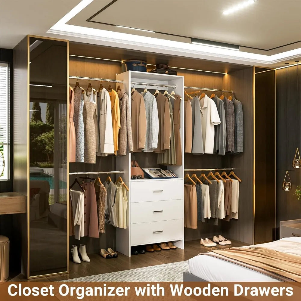 Stylish Wall Mounted Closets System with 3 Wooden Drawers and Adjustable Hanging Rods for Walk-In Wardrobes