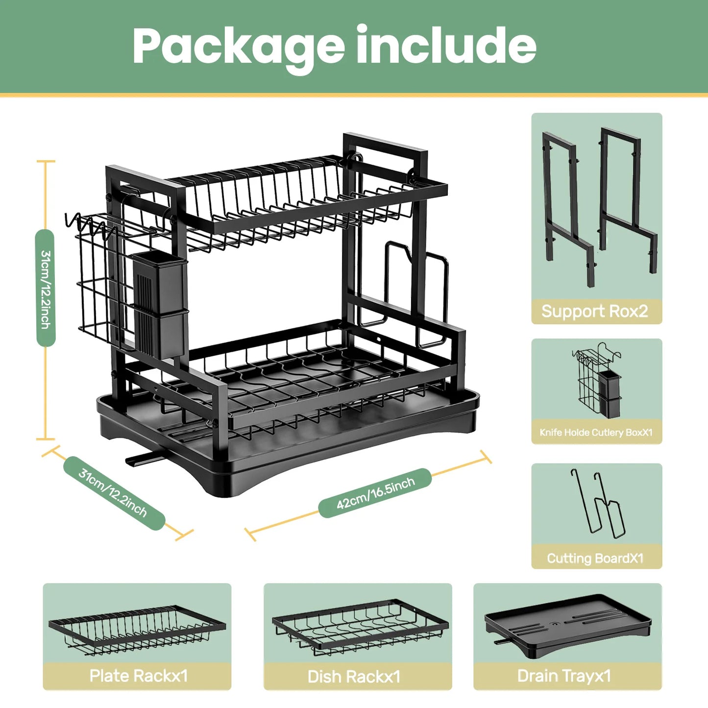Two Tier Rustproof Dish Drainer Rack with Drip Tray
