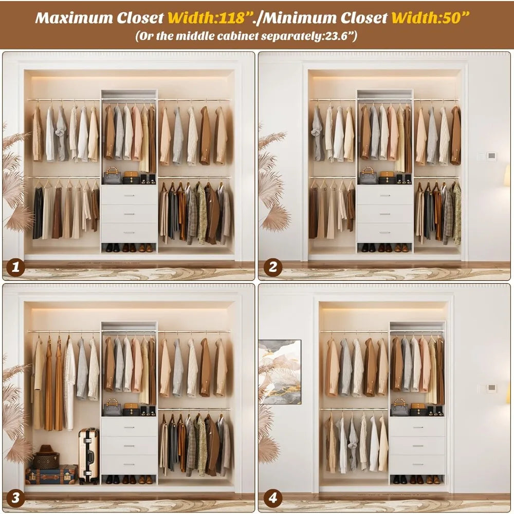 Stylish Wall Mounted Closets System with 3 Wooden Drawers and Adjustable Hanging Rods for Walk-In Wardrobes