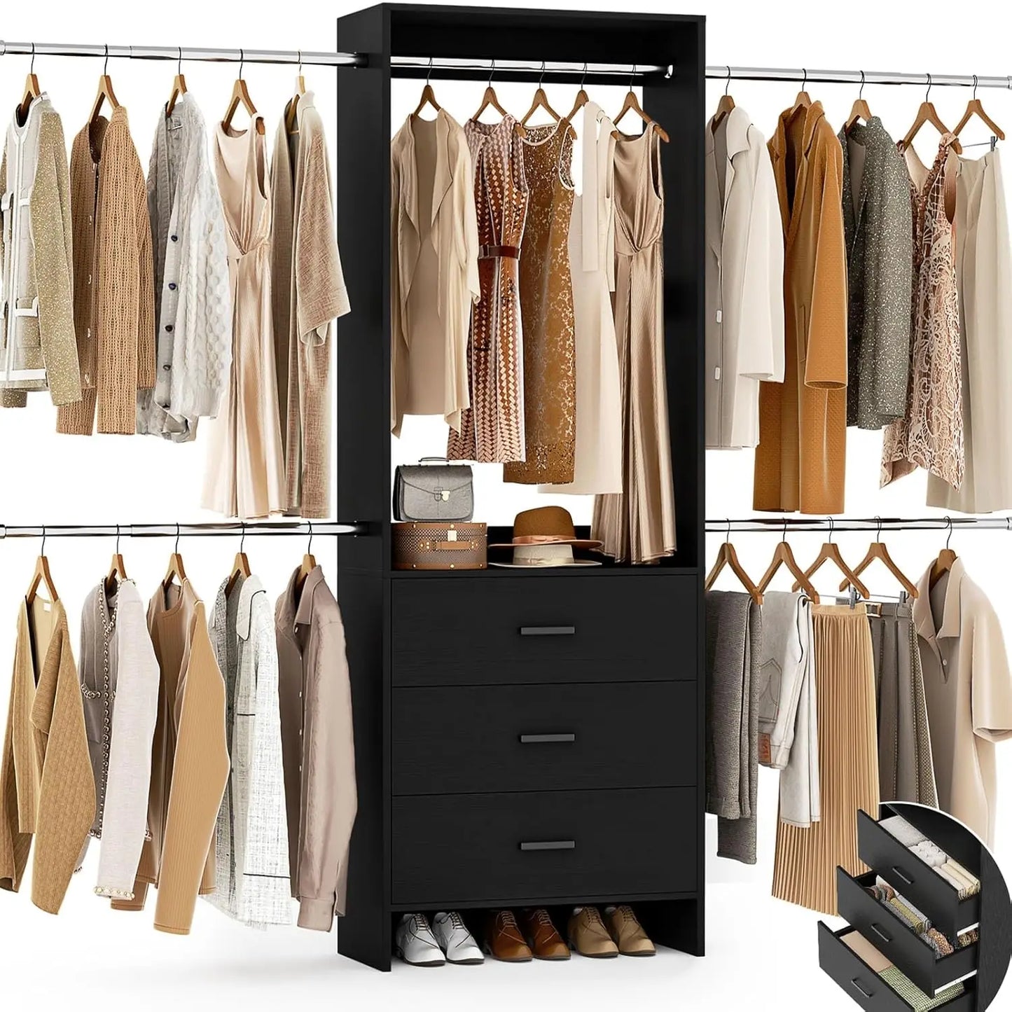 Stylish Wall Mounted Closets System with 3 Wooden Drawers and Adjustable Hanging Rods for Walk-In Wardrobes