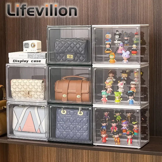 Clear Display Box Stackable Plastic Dustproof Storage Bins for Figures Collectibles and Cosmetics with Interlayers