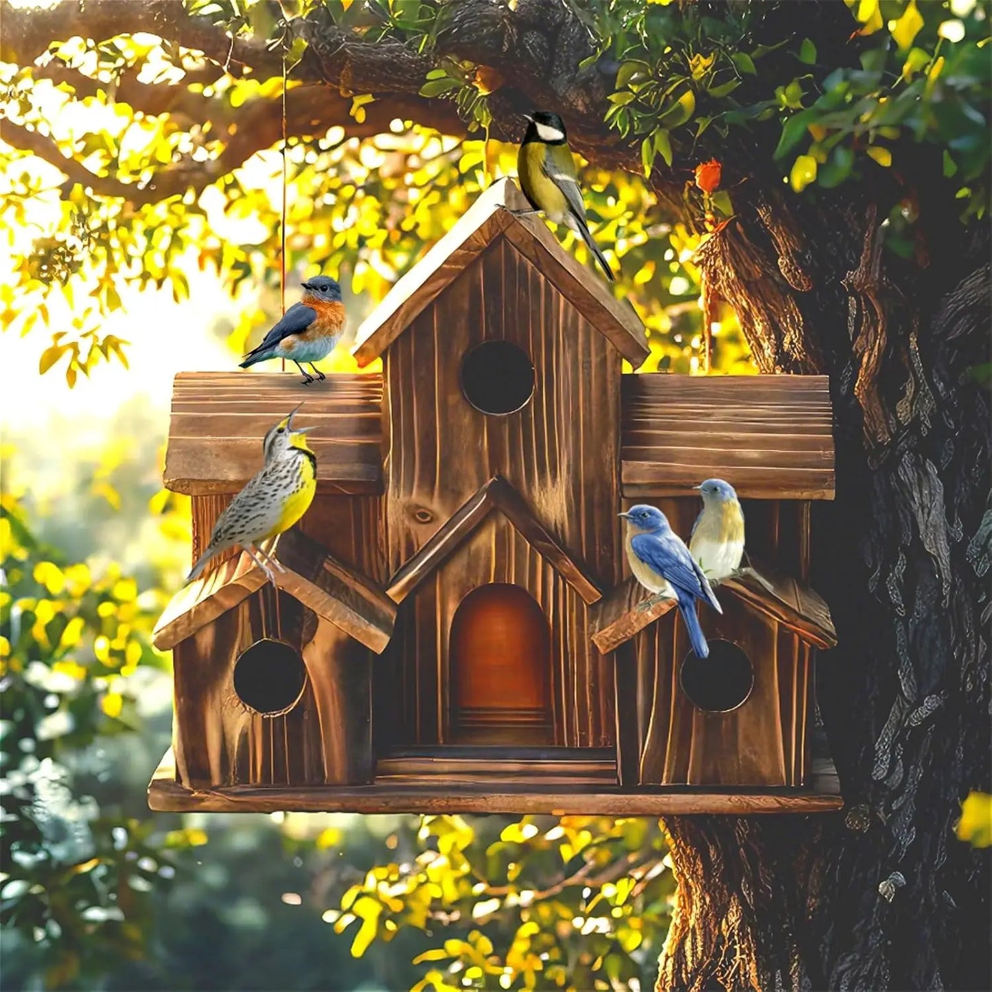 Handmade 6-Hole Hanging Outdoor Bird House for Garden Decoration and Bird Habitat