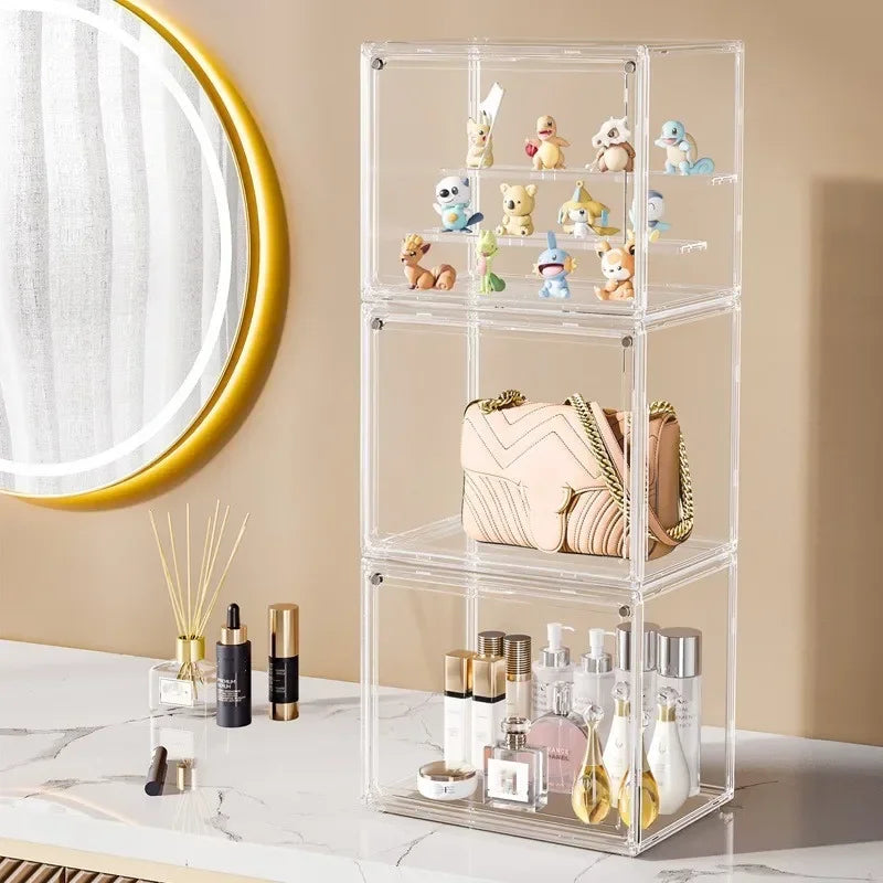 Clear Display Box Stackable Plastic Dustproof Storage Bins for Figures Collectibles and Cosmetics with Interlayers