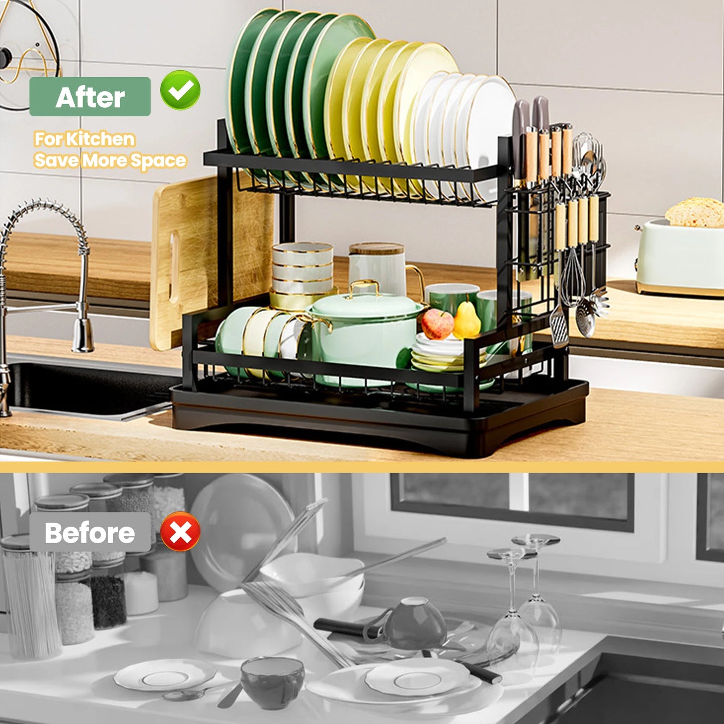 Two Tier Rustproof Dish Drainer Rack with Drip Tray