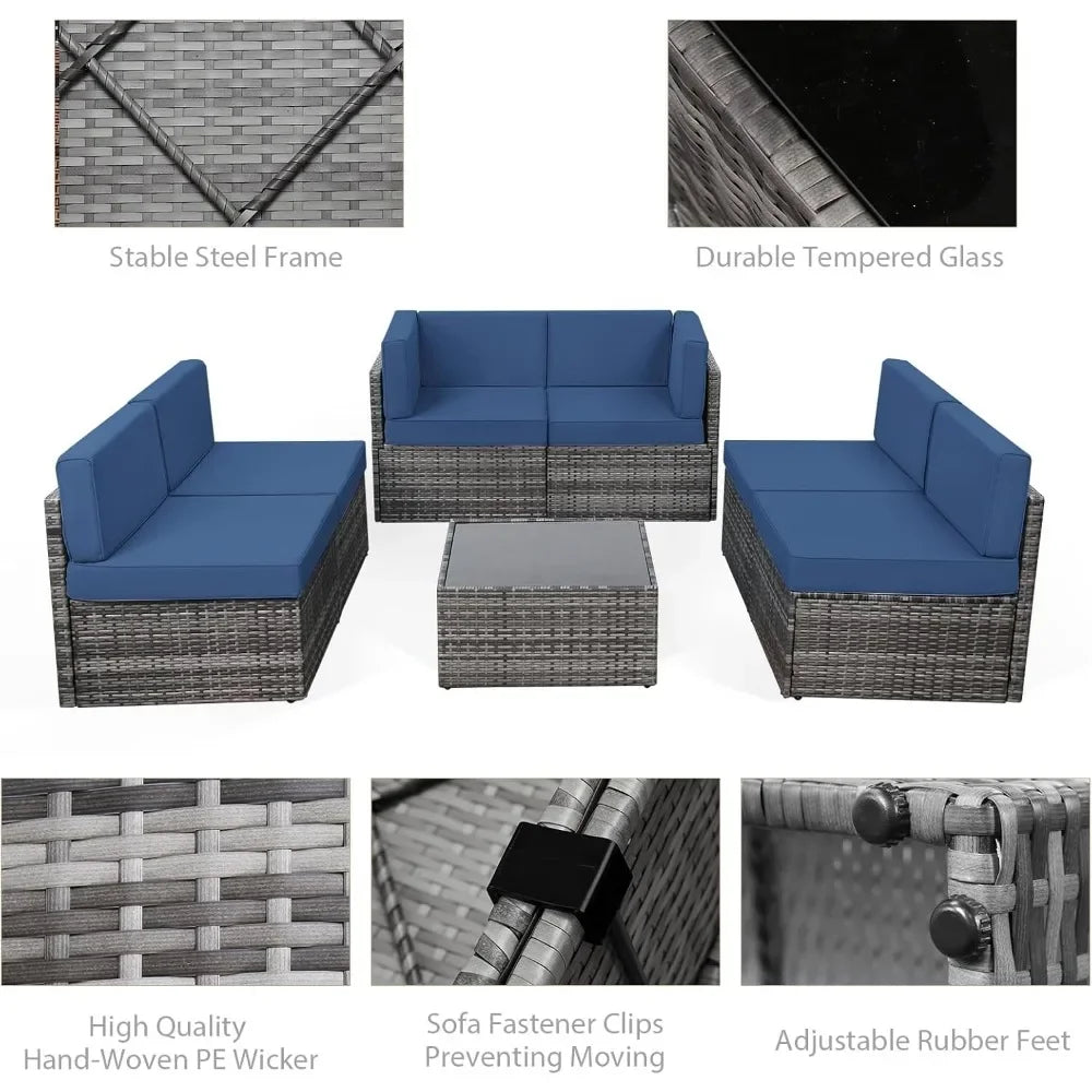 7 Piece Outdoor Patio Furniture Set with Grey Wicker Chair