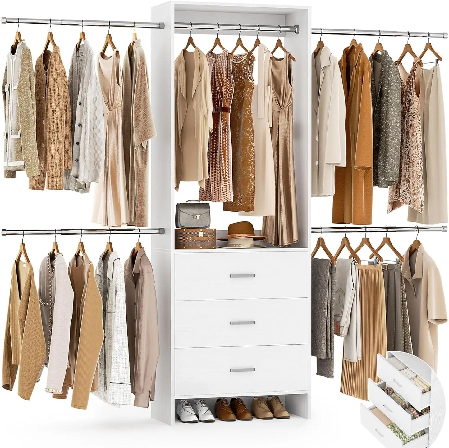 Stylish Wall Mounted Closets System with 3 Wooden Drawers and Adjustable Hanging Rods for Walk-In Wardrobes