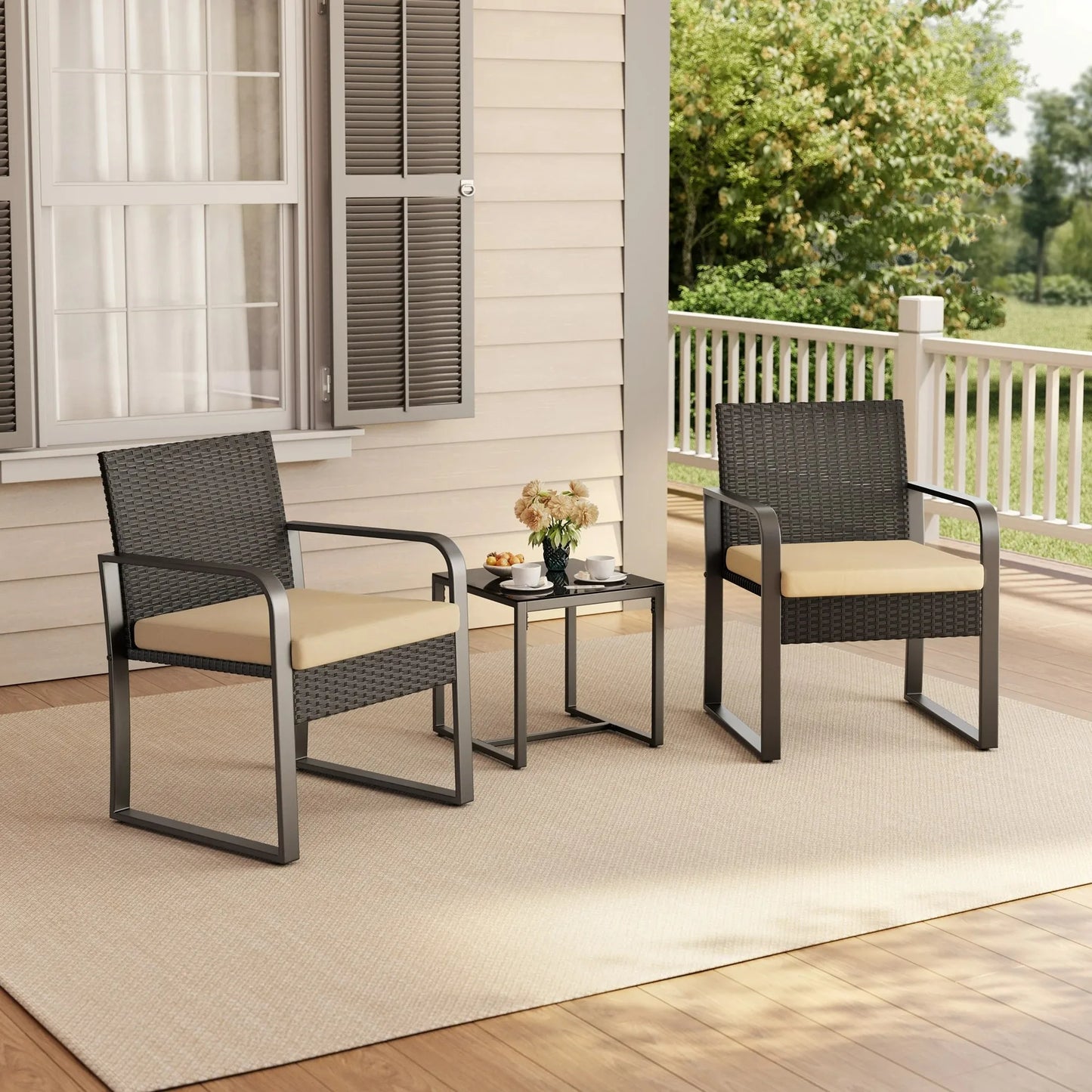 3-Piece Patio Chairs Set with Glass Coffee Table Outdoor Rattan Furniture for Garden Porch Yard GrayCushion