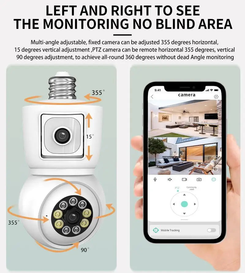 8MP E27 Bulb WiFi Camera 4K Dual Lens Dual Screen Auto Tracking Night Vision Two Way Audio CCTV Security ICSEE