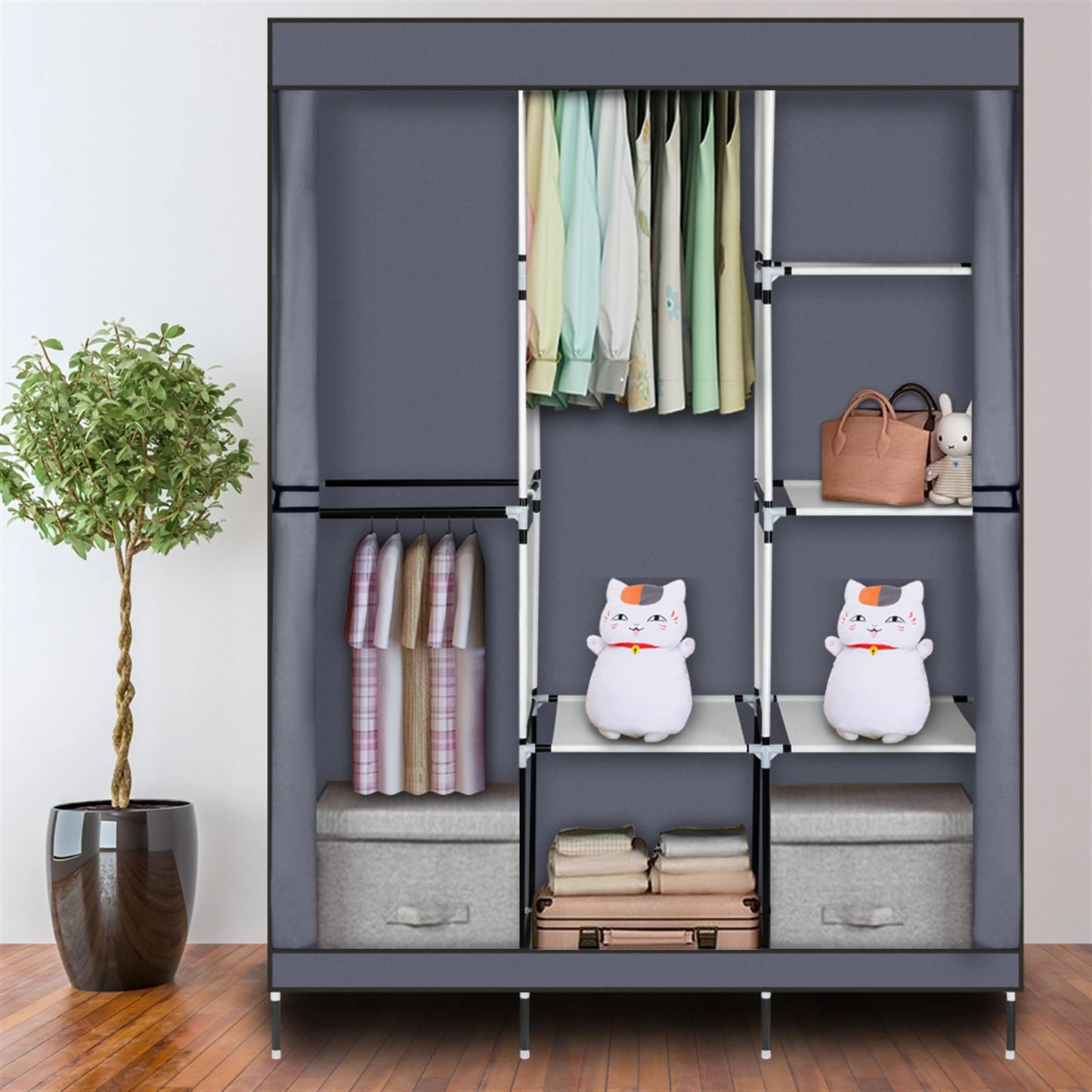 71 Inch Portable Closet Wardrobe Clothes Rack Storage Organizer with Shelf Gray
