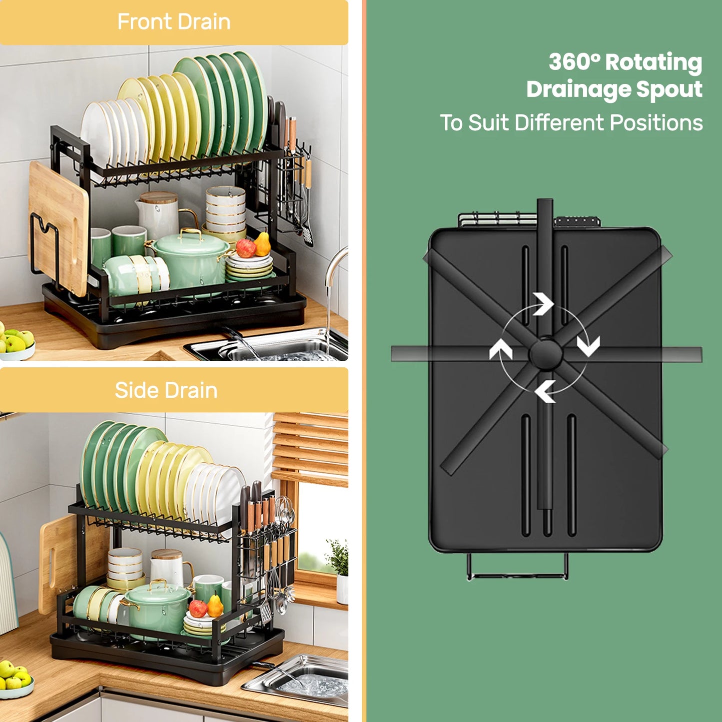 Two Tier Rustproof Dish Drainer Rack with Drip Tray