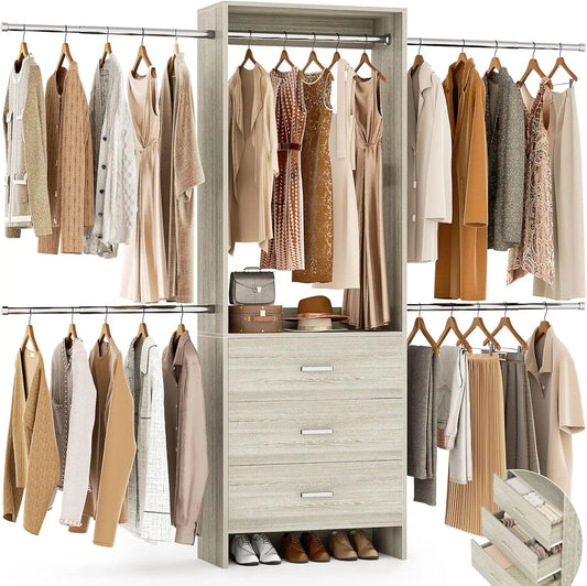 Stylish Wall Mounted Closets System with 3 Wooden Drawers and Adjustable Hanging Rods for Walk-In Wardrobes