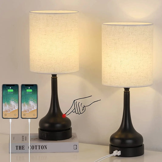 Bedside Lamp Bedroom Table Lamp Set of 2 with Touch Control and USB Charging Ports