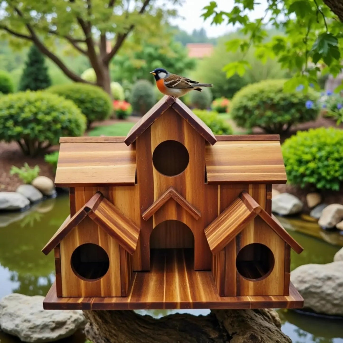 Handmade 6-Hole Hanging Outdoor Bird House for Garden Decoration and Bird Habitat
