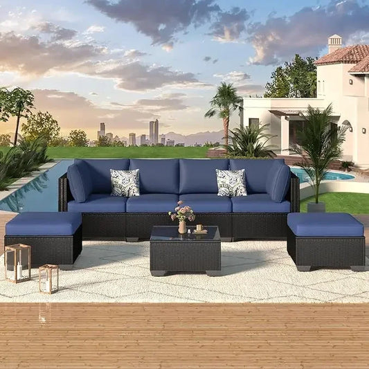 7 Piece Outdoor Patio Furniture Set with Grey Wicker Chair