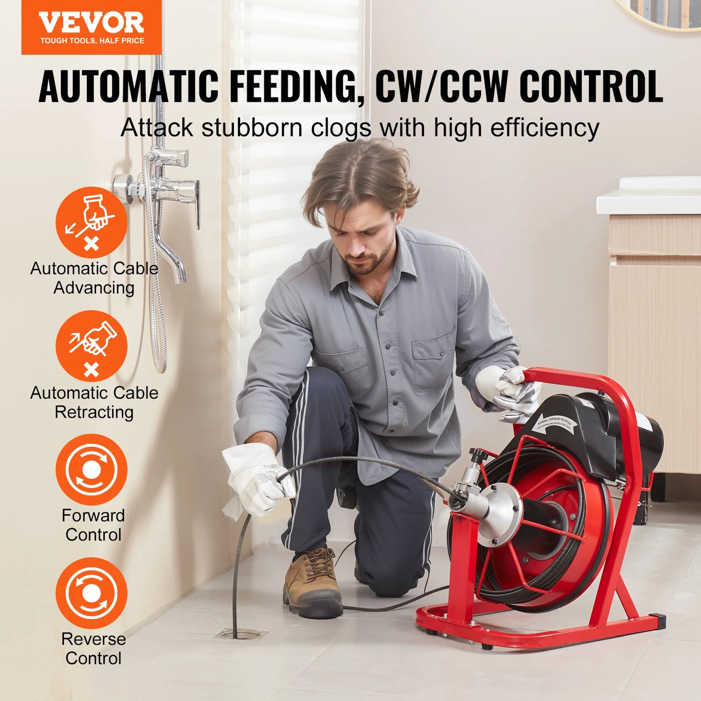 VEVOR Electric Drain Cleaner Machine with Automatic Feeding System