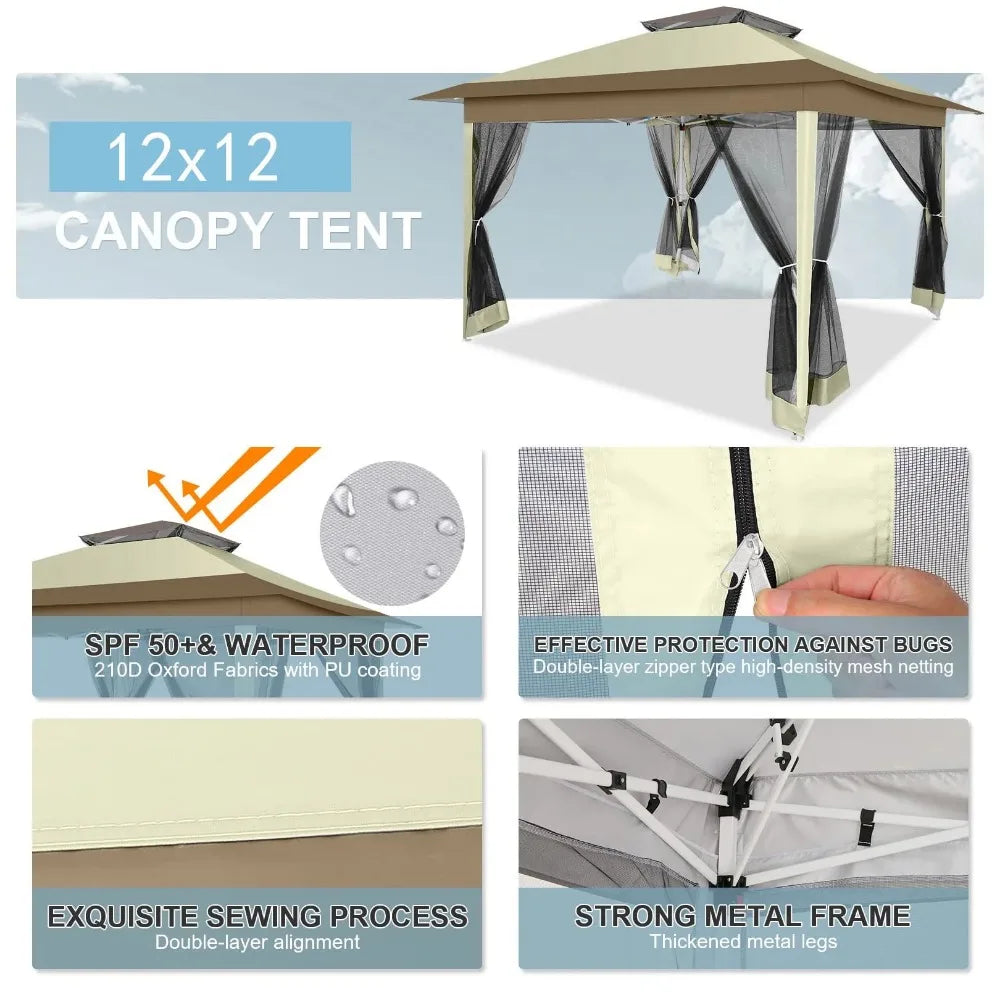 12x12 Outdoor Gazebo Pop-up Canopy with Mosquito Net Patio Tent Backyard Canopy