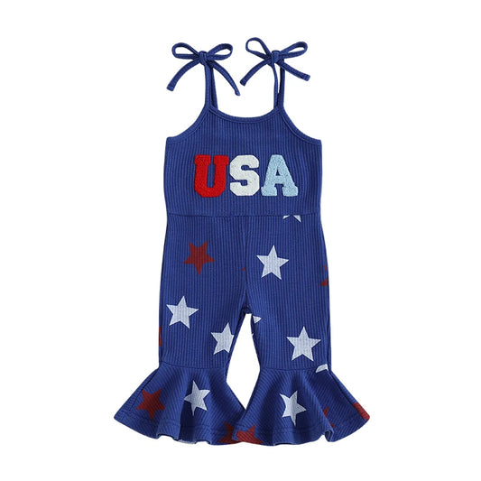 4th July Toddler Girl Outfit USA Romper Spaghetti Strap Bell Bottoms Jumpsuit