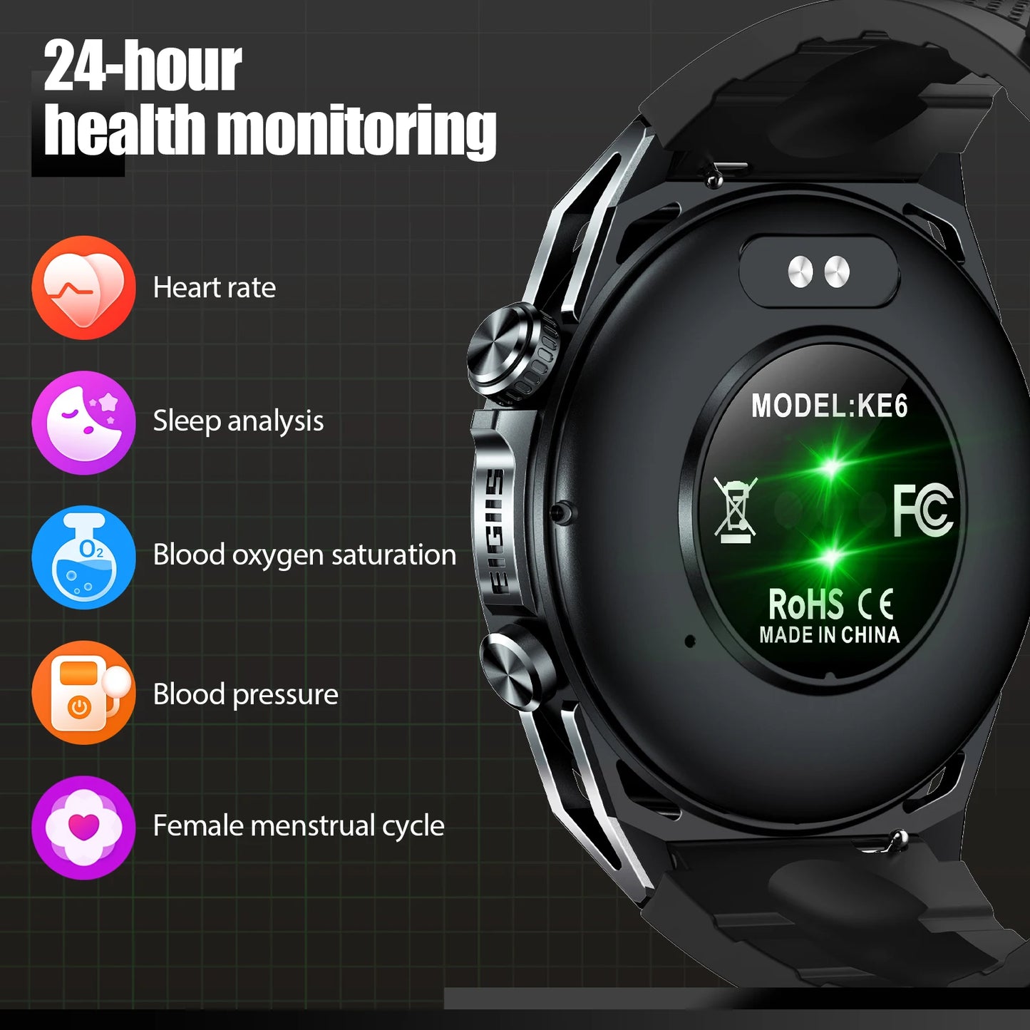 EIGIIS New Smart Watch KE6 1.43" AMOLED Display Men Black Sports Watch KE Series Bluetooth Call IP68 Waterproof
