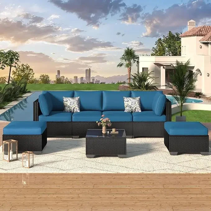 7 Piece Outdoor Patio Furniture Set with Grey Wicker Chair
