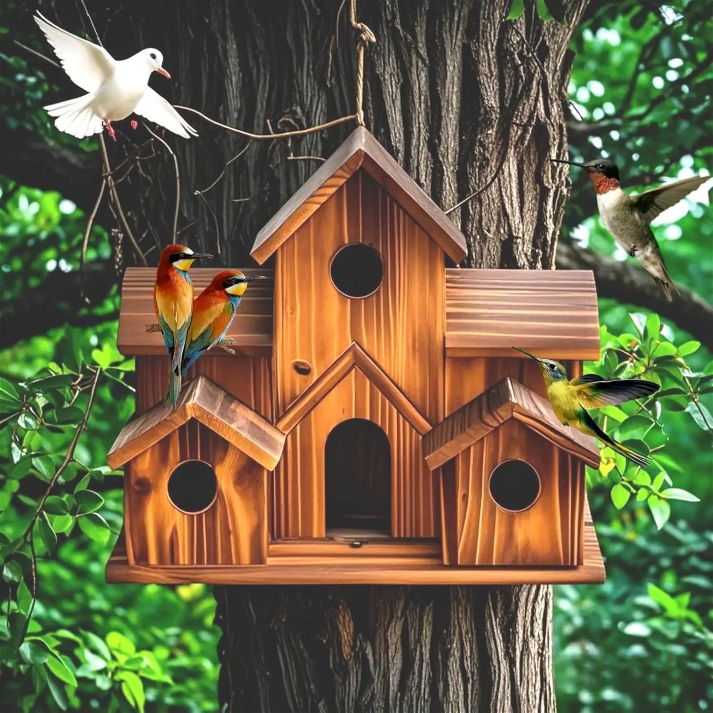 Handmade 6-Hole Hanging Outdoor Bird House for Garden Decoration and Bird Habitat
