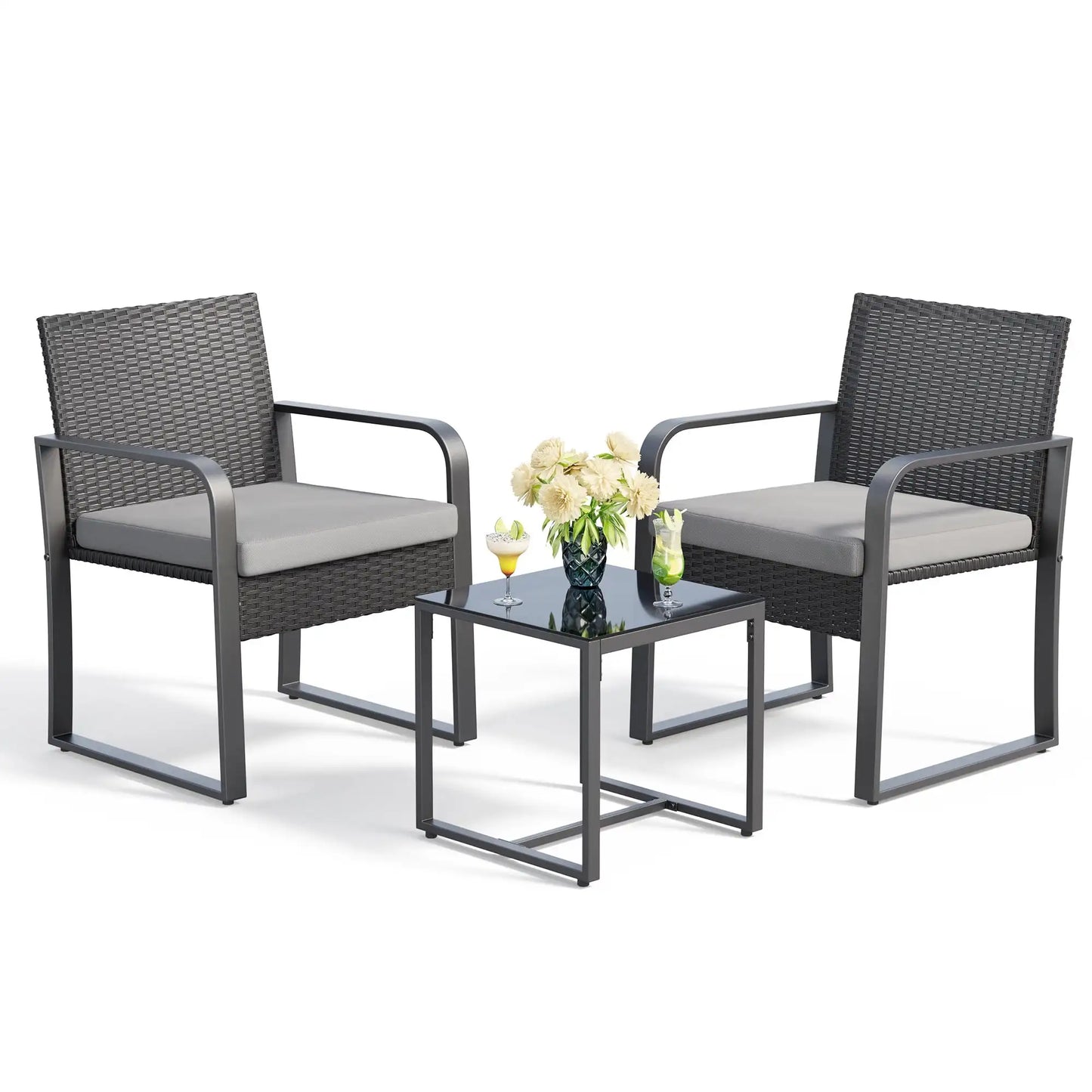 3-Piece Patio Chairs Set with Glass Coffee Table Outdoor Rattan Furniture for Garden Porch Yard GrayCushion