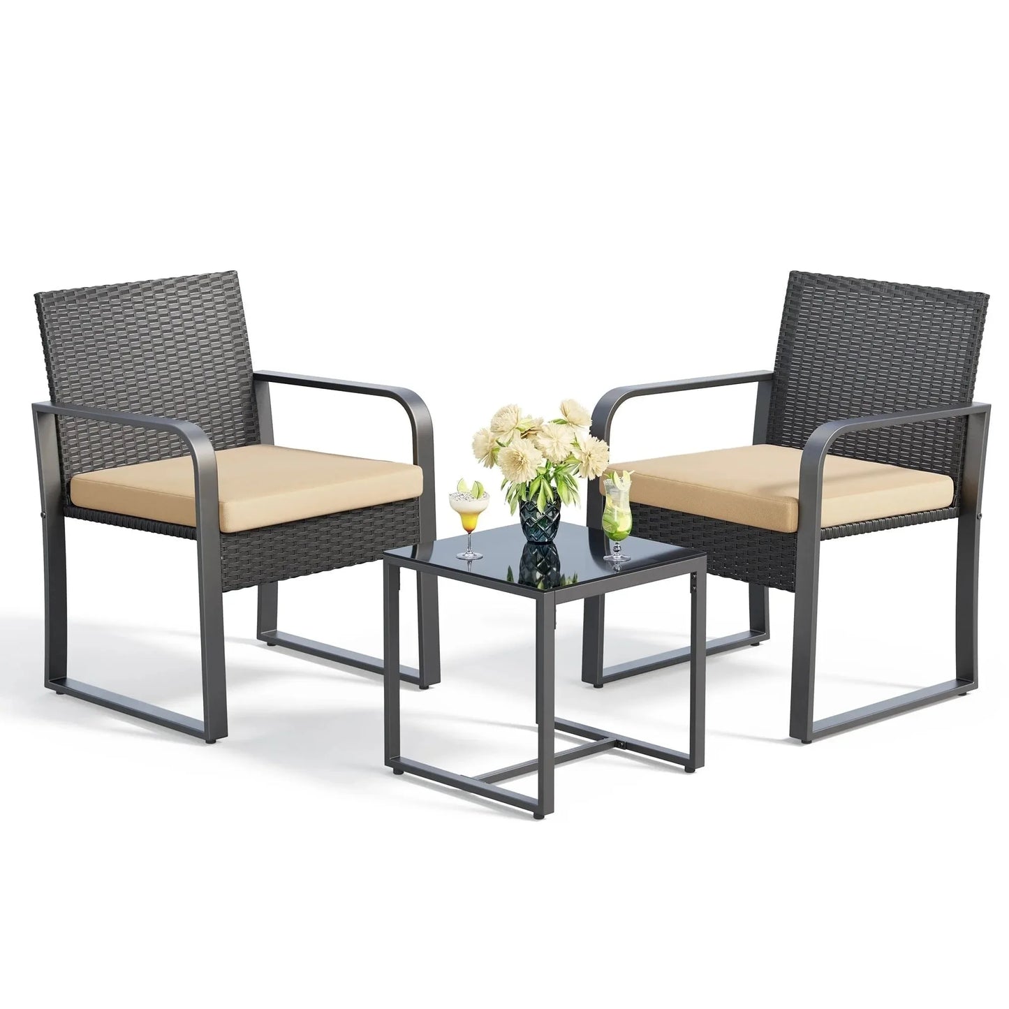 3-Piece Patio Chairs Set with Glass Coffee Table Outdoor Rattan Furniture for Garden Porch Yard GrayCushion