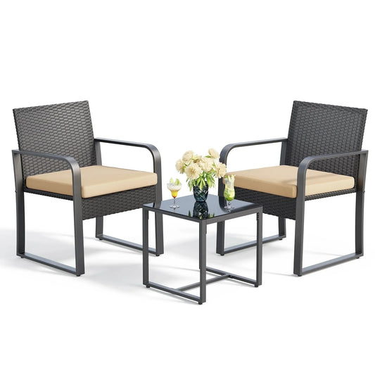 3-Piece Patio Chairs Set with Glass Coffee Table Outdoor Rattan Furniture for Garden Porch Yard GrayCushion