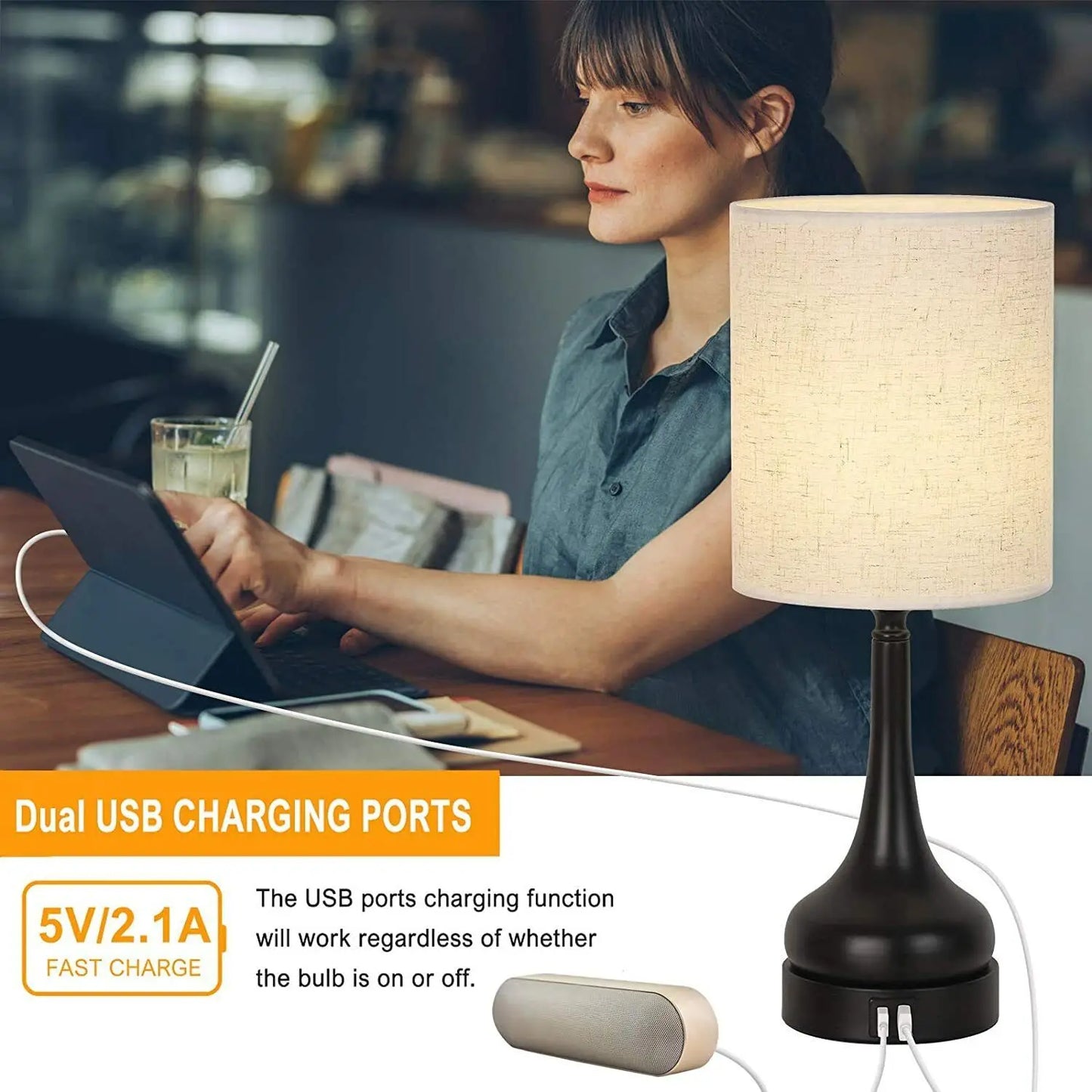 Bedside Lamp Bedroom Table Lamp Set of 2 with Touch Control and USB Charging Ports