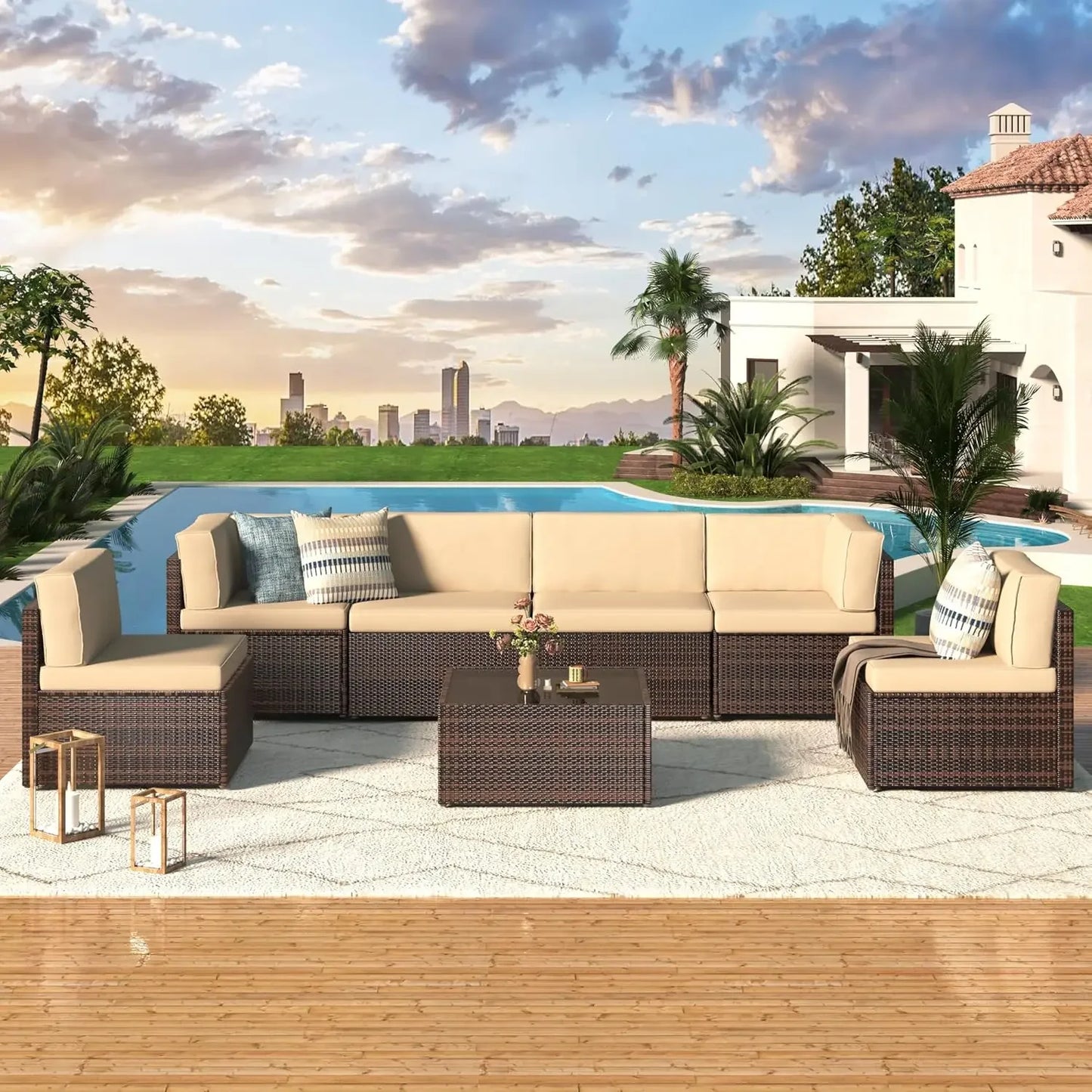 7 Piece Outdoor Patio Furniture Set with Grey Wicker Chair
