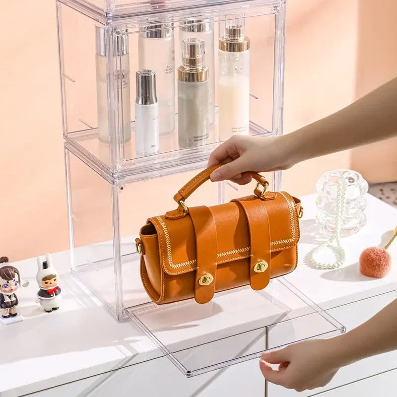 Clear Display Box Stackable Plastic Dustproof Storage Bins for Figures Collectibles and Cosmetics with Interlayers