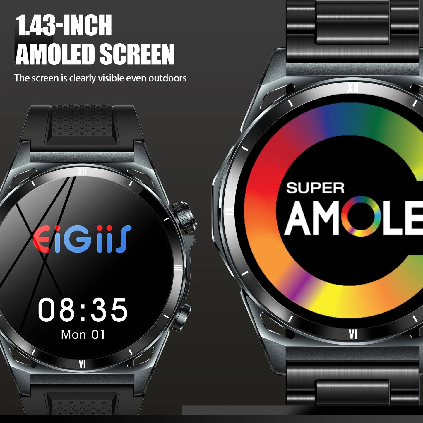 EIGIIS New Smart Watch KE6 1.43" AMOLED Display Men Black Sports Watch KE Series Bluetooth Call IP68 Waterproof