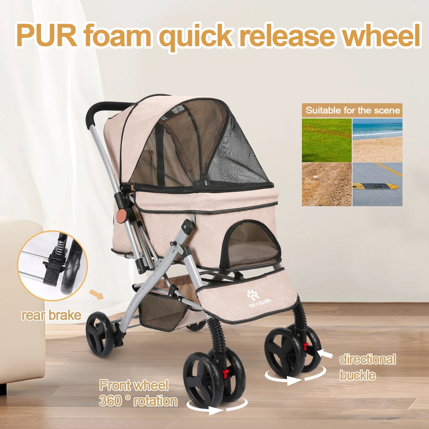 Foldable Cat Dog Stroller Detachable Easy Assembly Pet Travel Carrier With Shock Absorption Folding Resistant To Dirt