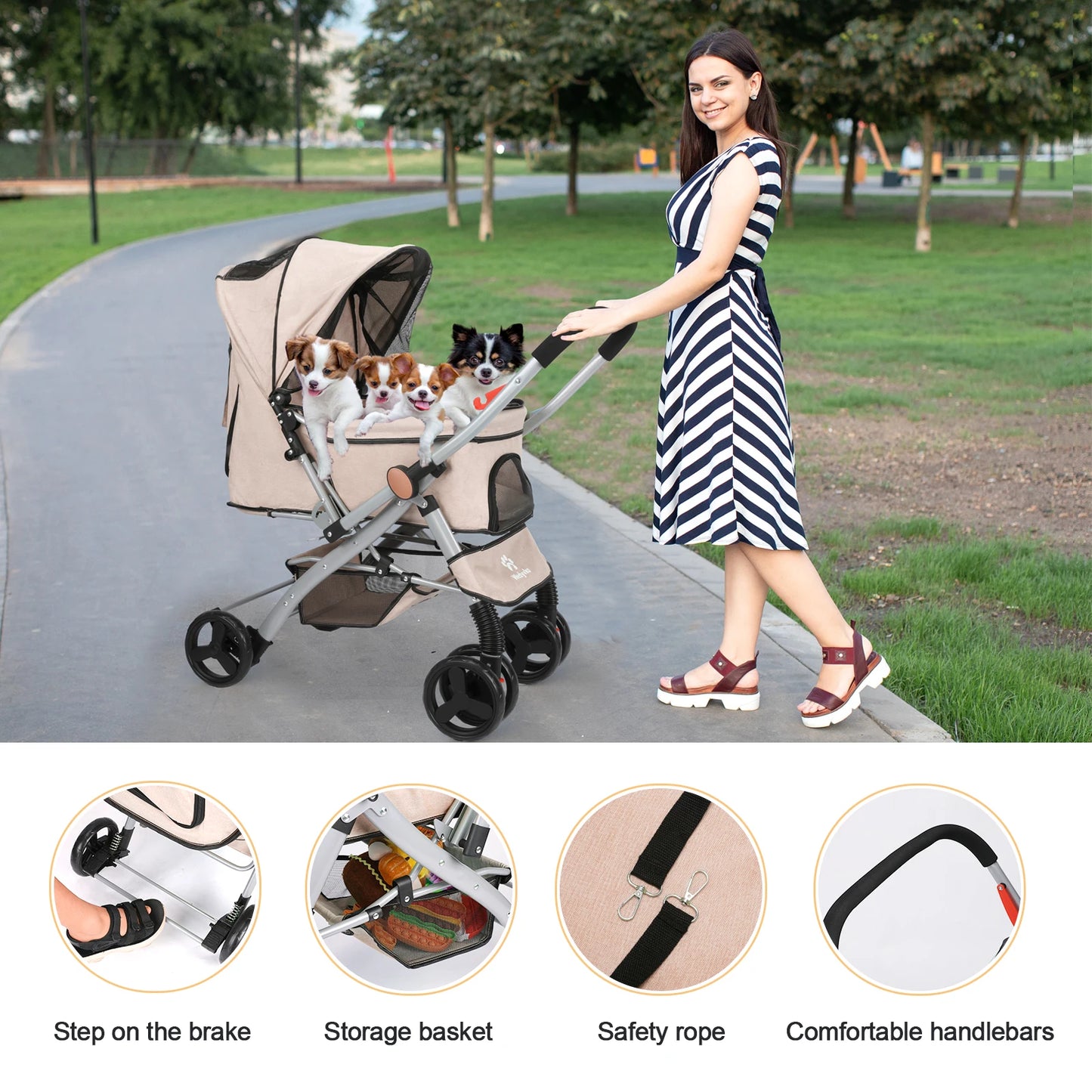 Foldable Cat Dog Stroller Detachable Easy Assembly Pet Travel Carrier With Shock Absorption Folding Resistant To Dirt