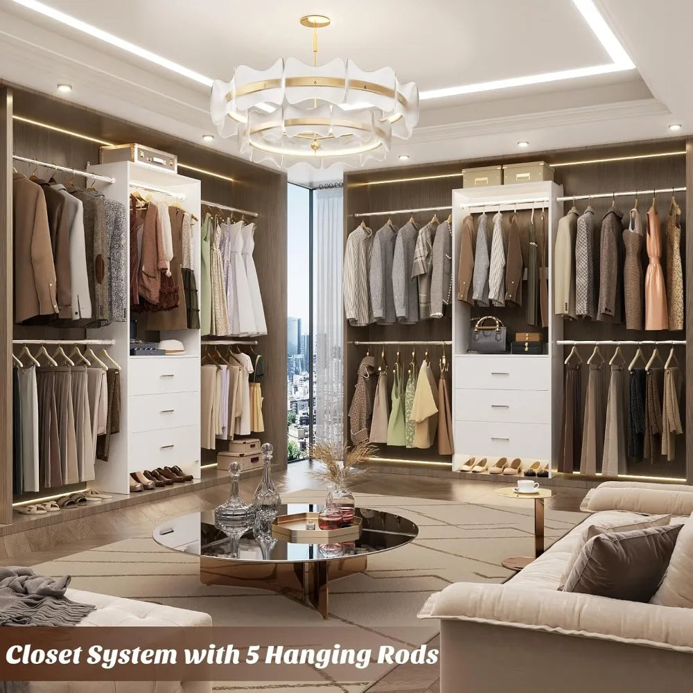 Stylish Wall Mounted Closets System with 3 Wooden Drawers and Adjustable Hanging Rods for Walk-In Wardrobes