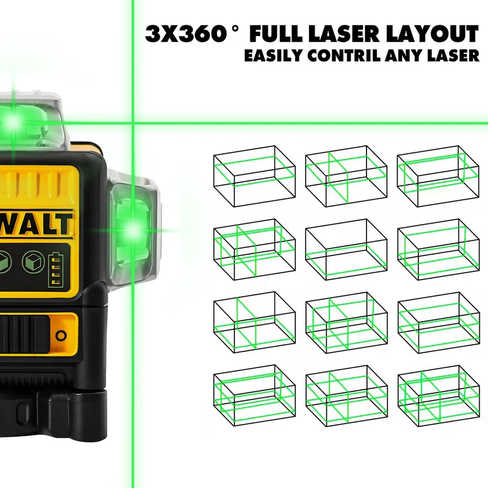 DEWALT Laser Level DW089LG 12 Line 3 Sides 360 Degrees Green Beam Laser 12V Lithium Battery Outdoor Light Level Meter